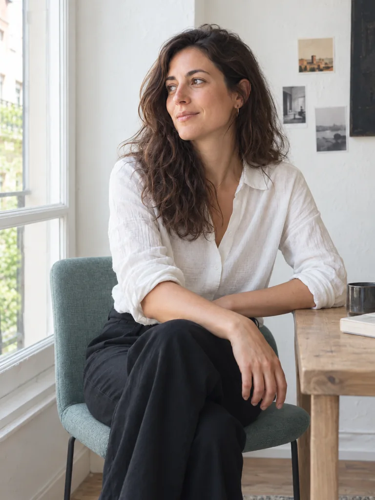 Retrato de Claudia sentada junto a una ventana luminosa