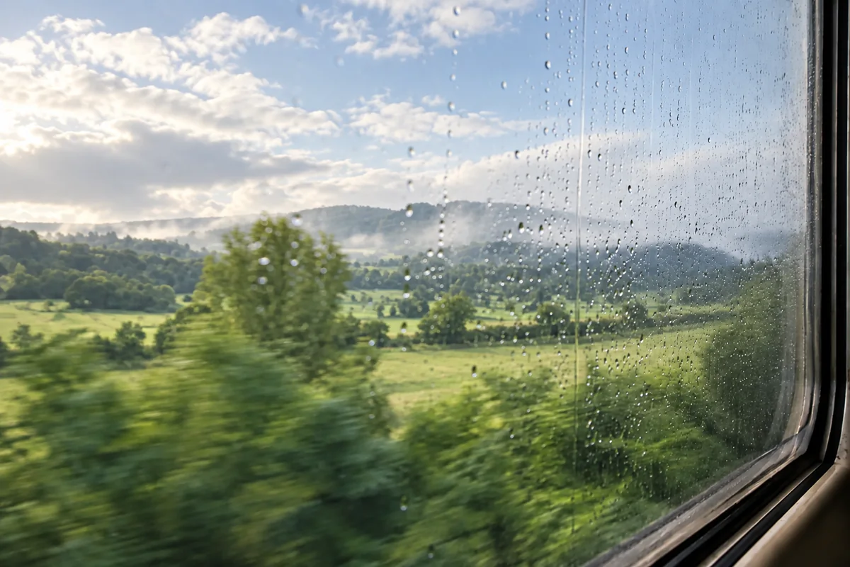 Paisaje verde visto a través de la ventana de un tren después de la lluvia