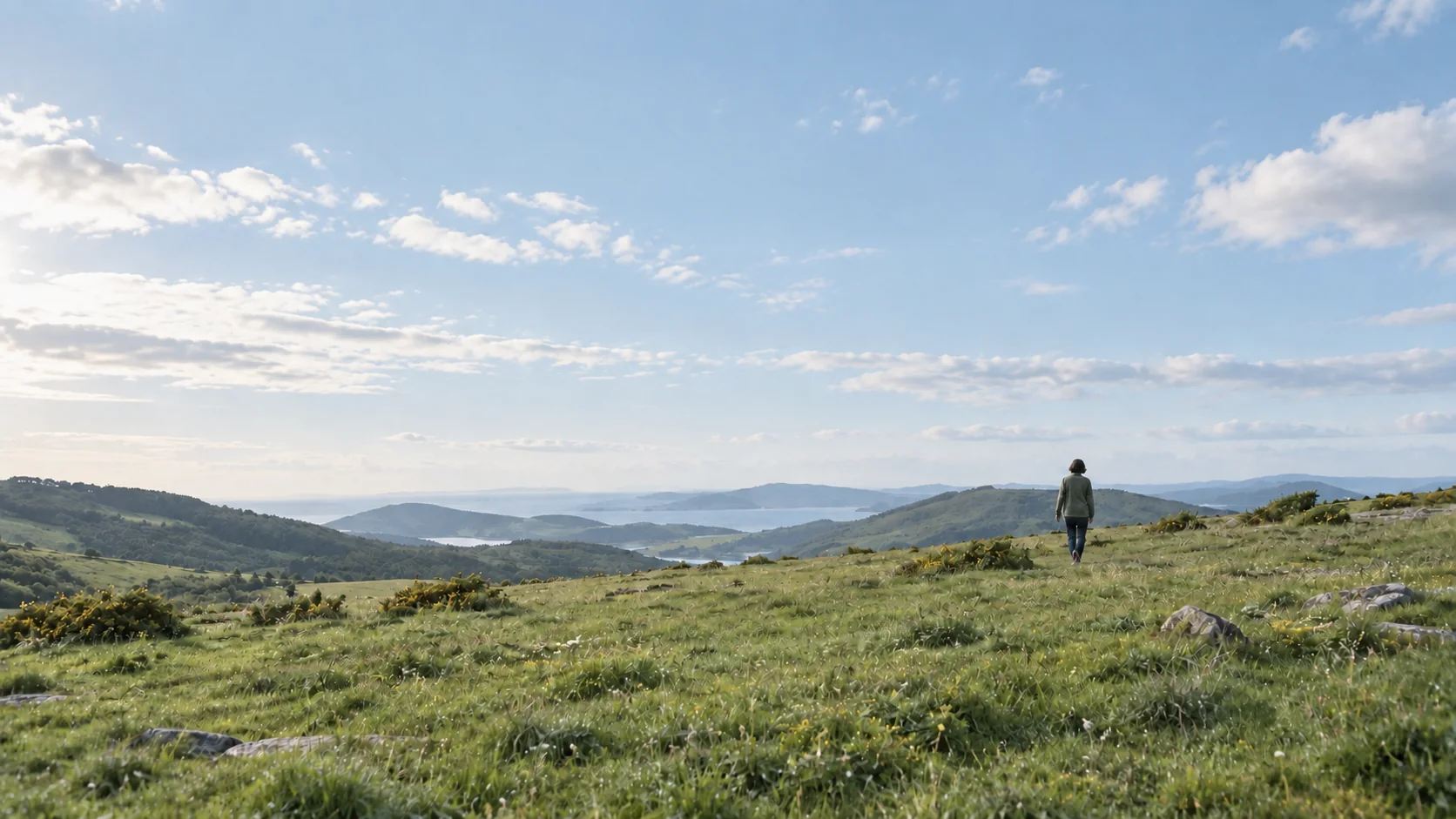 Una persona camina por una pradera verde bajo un cielo azul y amplio